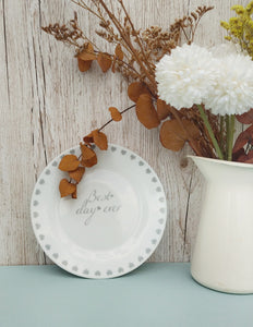 Wedding Cake Plates, Best Day Ever White Porcelain Plate With Tiny Hearts