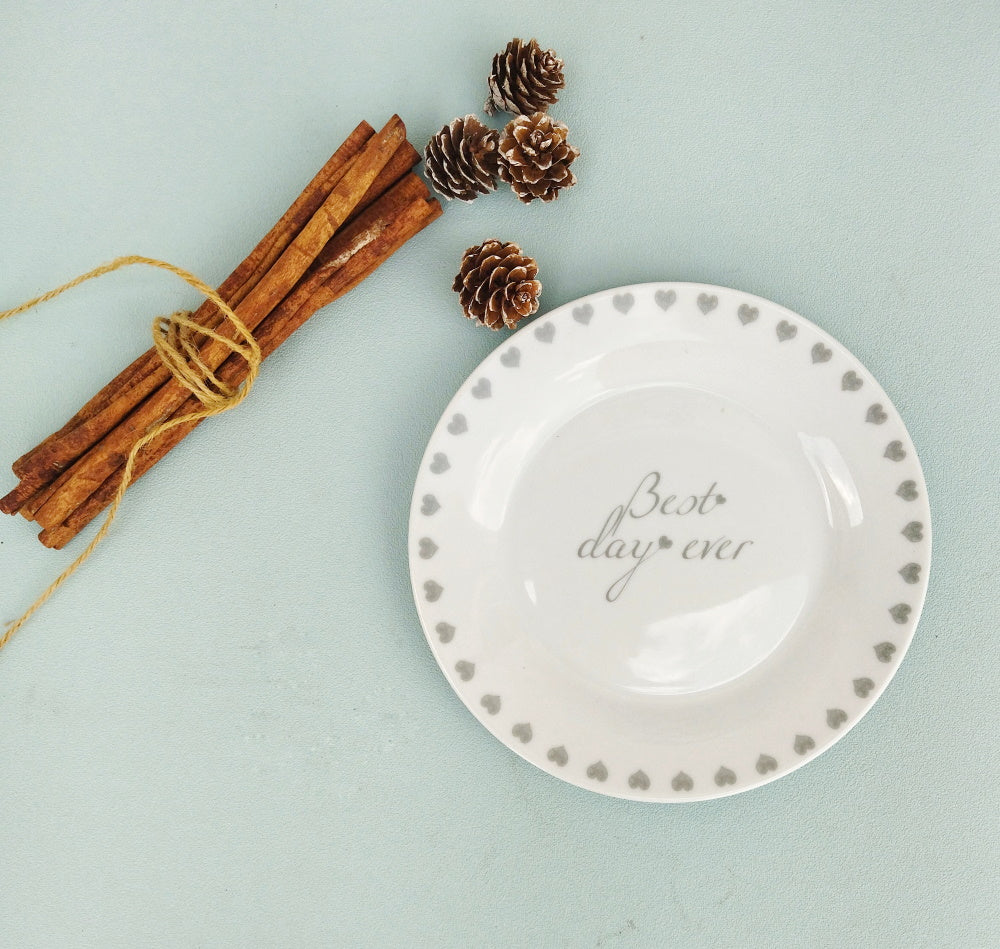 Wedding Cake Plates, Best Day Ever White Porcelain Plate With Tiny Hearts