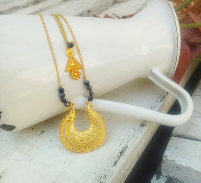 Layered Gold Necklace Set, Hematite Necklace, Extra Long Gold Necklace