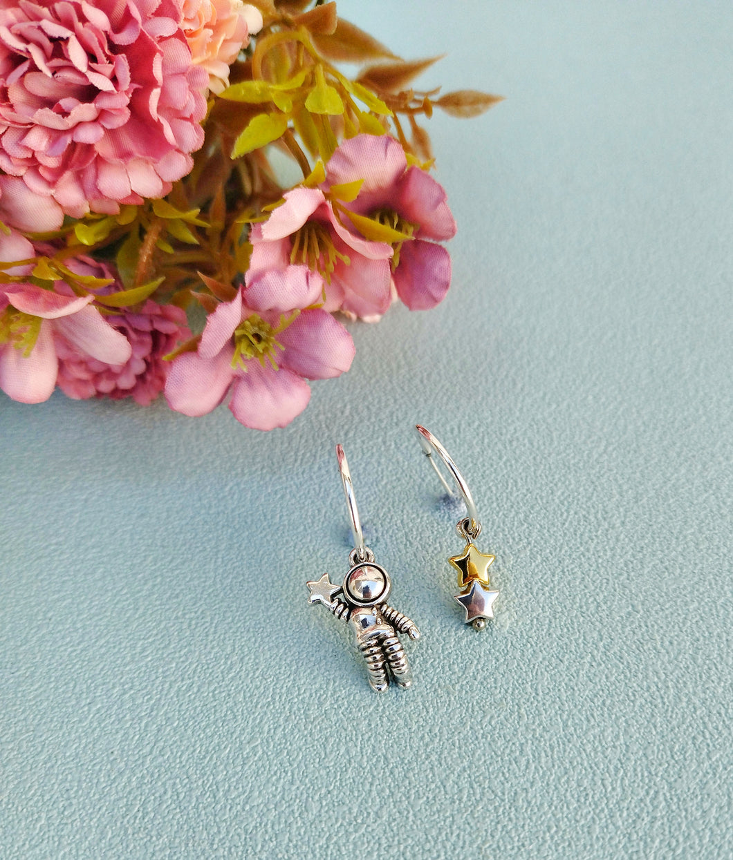 Astronaut And Star Small Mismatched Hoop Earrings