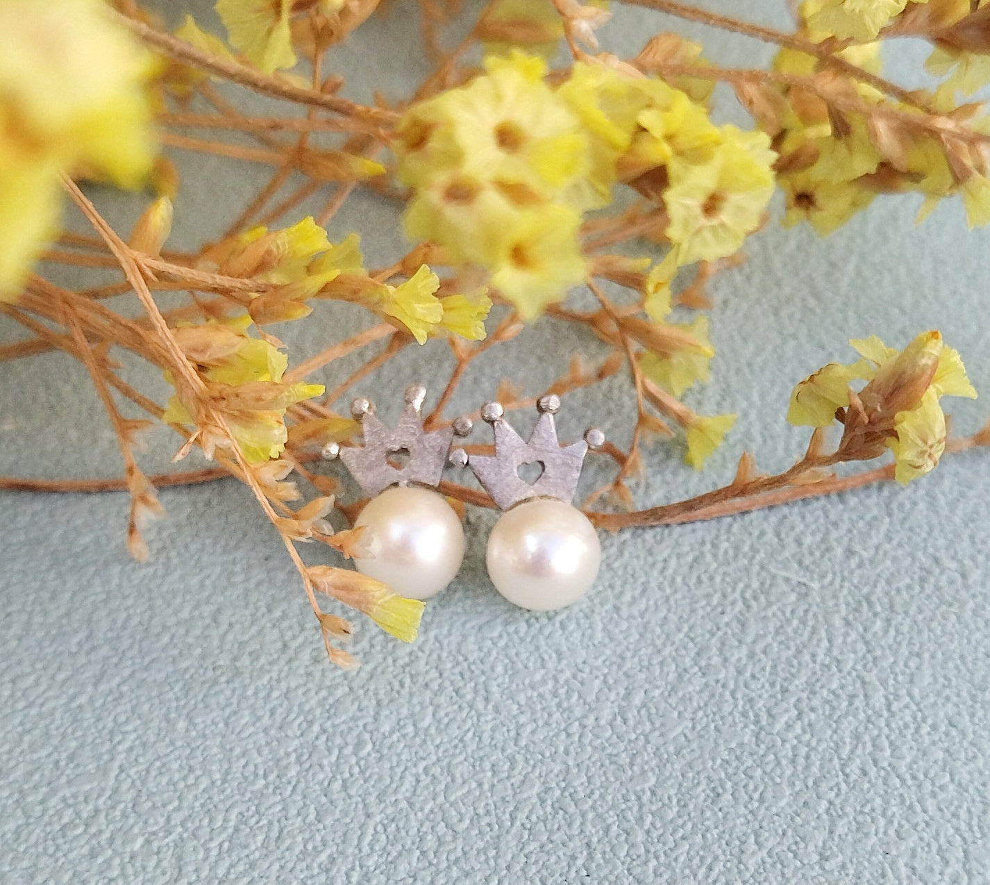 White Gold Pearl Earrings, 14k Gold Crown Earrings For Bride
