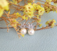 Load image into Gallery viewer, White Gold Pearl Earrings, 14k Gold Crown Earrings For Bride
