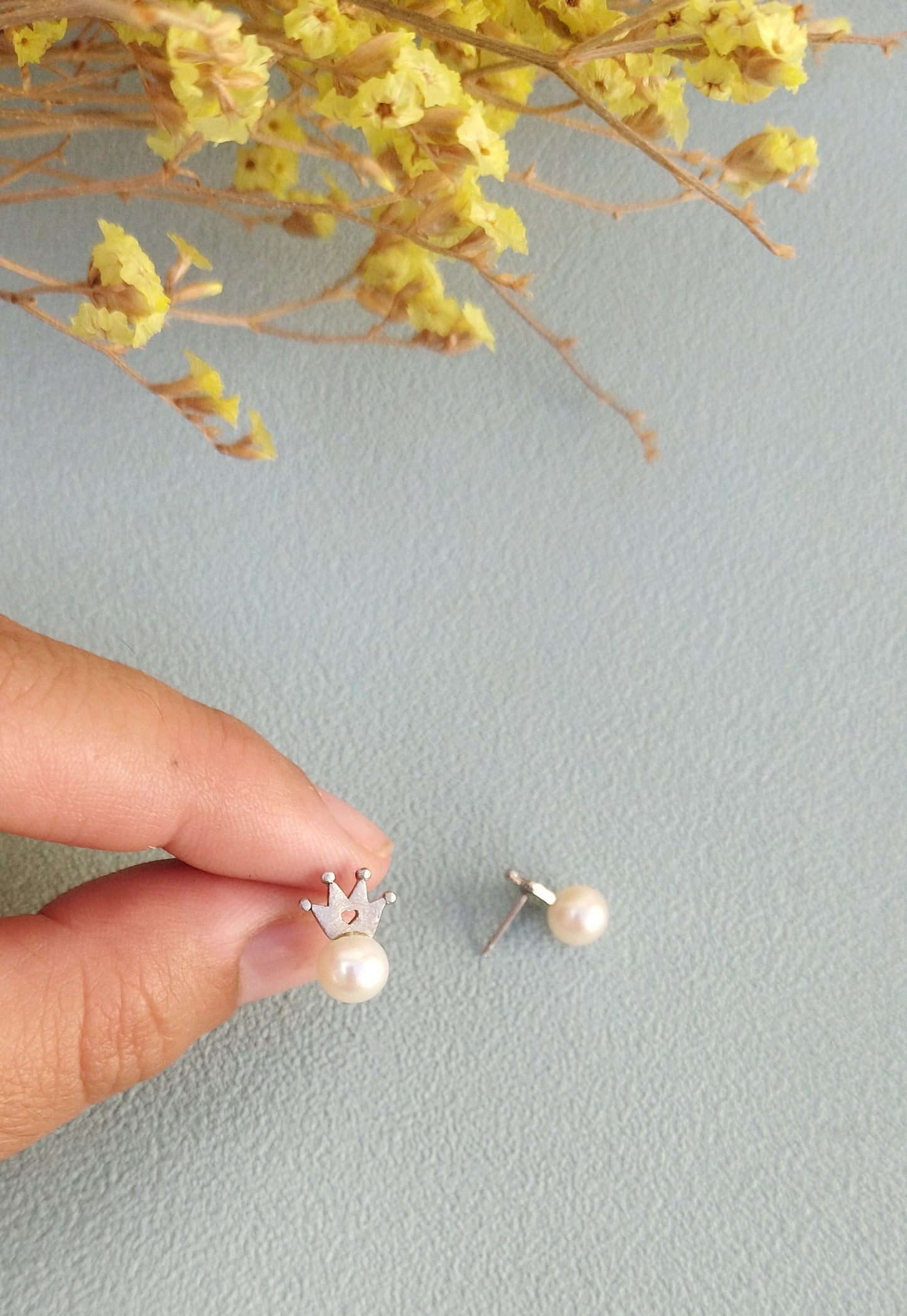 White Gold Pearl Earrings, 14k Gold Crown Earrings For Bride