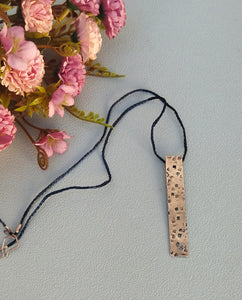 Silver Vertical Bar Necklace, Simple Everyday Blue Silk Cord Necklace