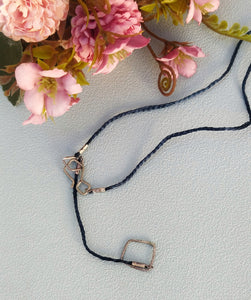 Silver Vertical Bar Necklace, Simple Everyday Blue Silk Cord Necklace