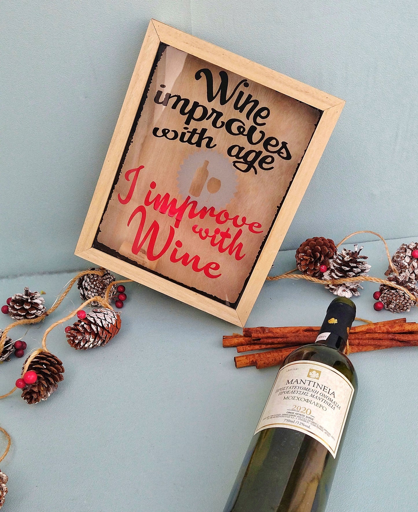 Wine Cork Holder, Wine Improves With Age I Improve With Wine Wall Hanging Frame