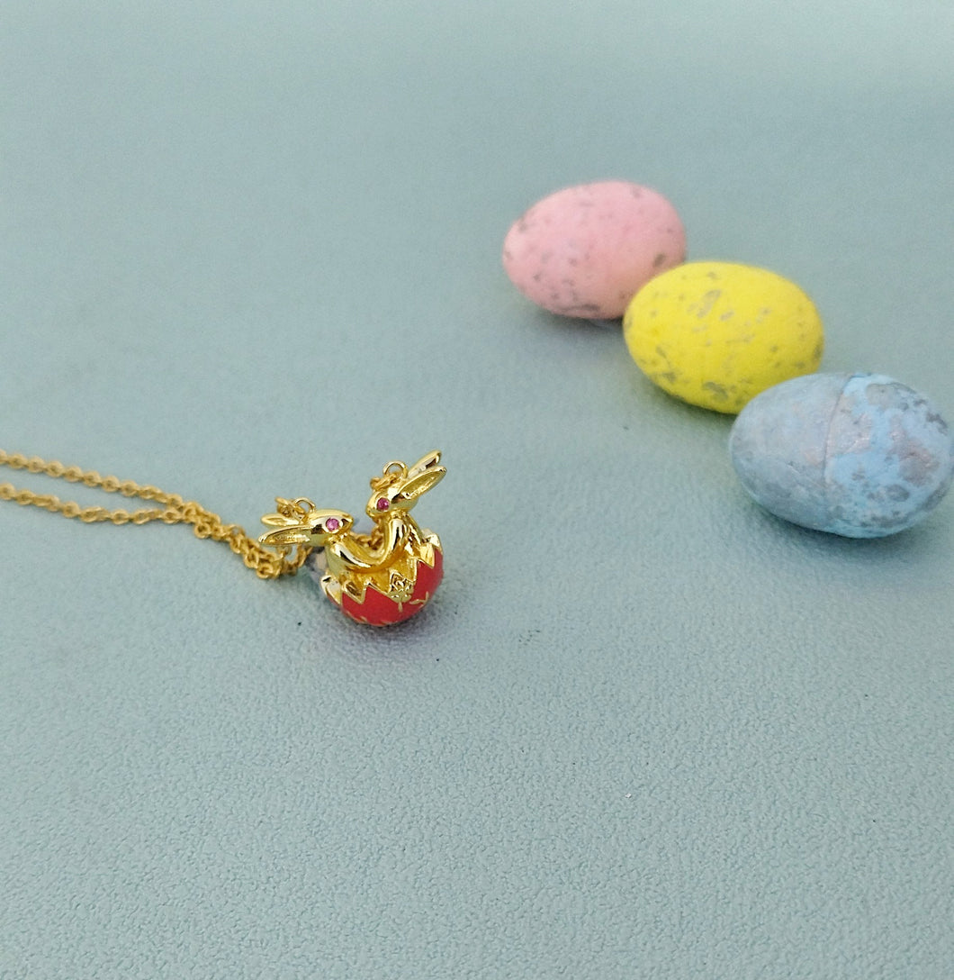 Bunny Couple On Cracked Egg Necklace, Easter Egg Hunt Prize For Little Girl