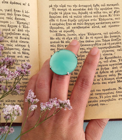 Blue Chalcedony Ring Size 6, Large Silver Ring, 25th Anniversary Gift For Wife