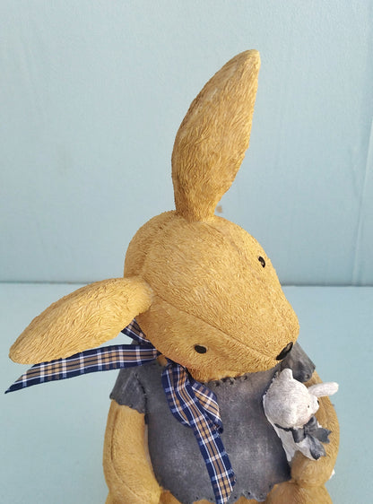 Cute Bunny With Stuffed Bear Figurine, Kids Woodland Nursery Shelf Decor