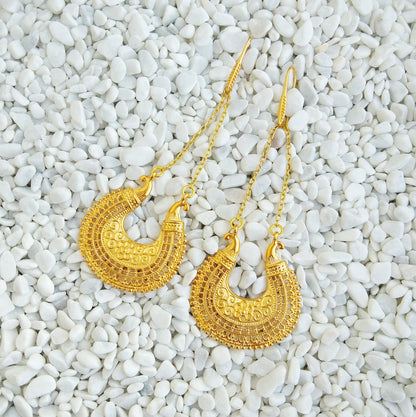 22k Gold Earrings, Extra Long Byzantine Earrings, Medieval Jewelry For Women