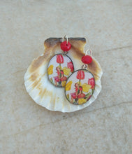 Load image into Gallery viewer, Tulip Flower Earrings, Cabochon Earrings With Vintage Fairies
