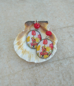 Tulip Flower Earrings, Cabochon Earrings With Vintage Fairies