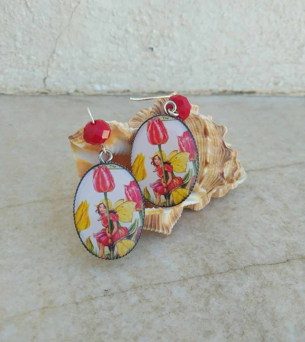 Tulip Flower Earrings, Cabochon Earrings With Vintage Fairies