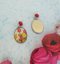 Load image into Gallery viewer, Tulip Flower Earrings, Cabochon Earrings With Vintage Fairies
