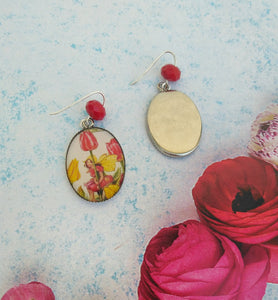 Tulip Flower Earrings, Cabochon Earrings With Vintage Fairies