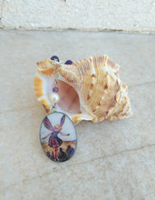 Load image into Gallery viewer, Purple Fairy Necklace,  Vintage Fairy Fantasy Art With Glass Cabochon
