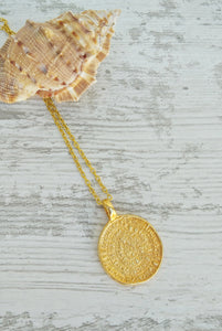 Ancient Greek Necklace, Gold Plated Phaistos Disc Necklace
