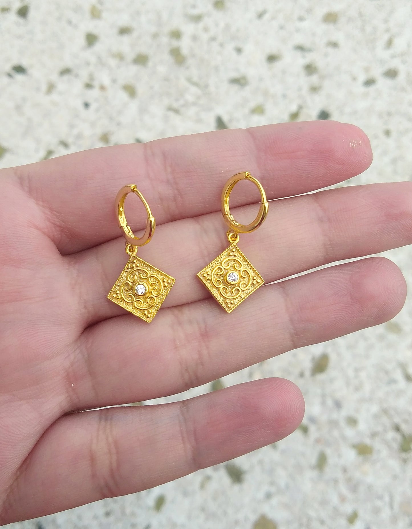 Historical Replica Earrings For Medieval Wedding, Gold Huggie Earrings With Zircon