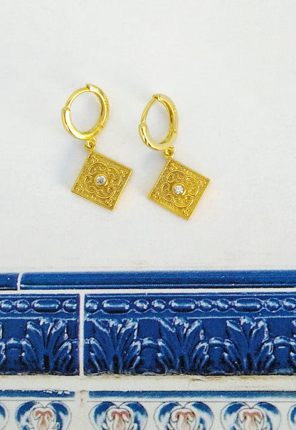 Historical Replica Earrings For Medieval Wedding, Gold Huggie Earrings With Zircon
