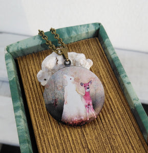 Anthropomorphic Art Locket Necklace, White Rabbit With Deer Pendant