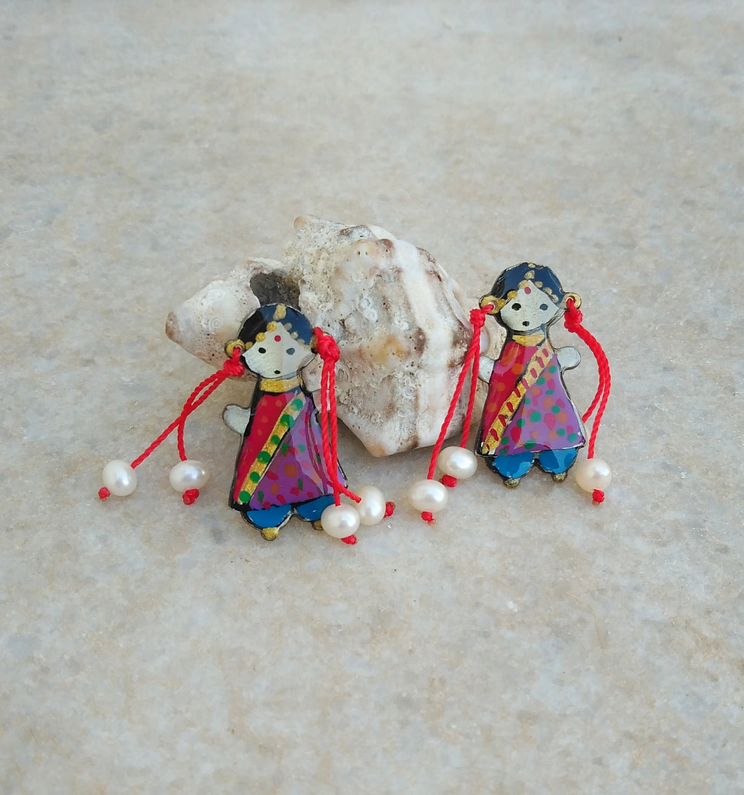 Little Indian Girl Earrings, Handpainted Sterling Silver Earrings With Enamel