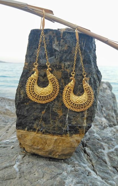 22k Gold Earrings, Extra Long Byzantine Earrings, Medieval Jewelry For Women