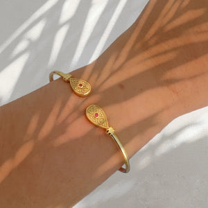 22k Gold And Rose Quartz Bangle Bracelet, Byzantine Bracelet For Her