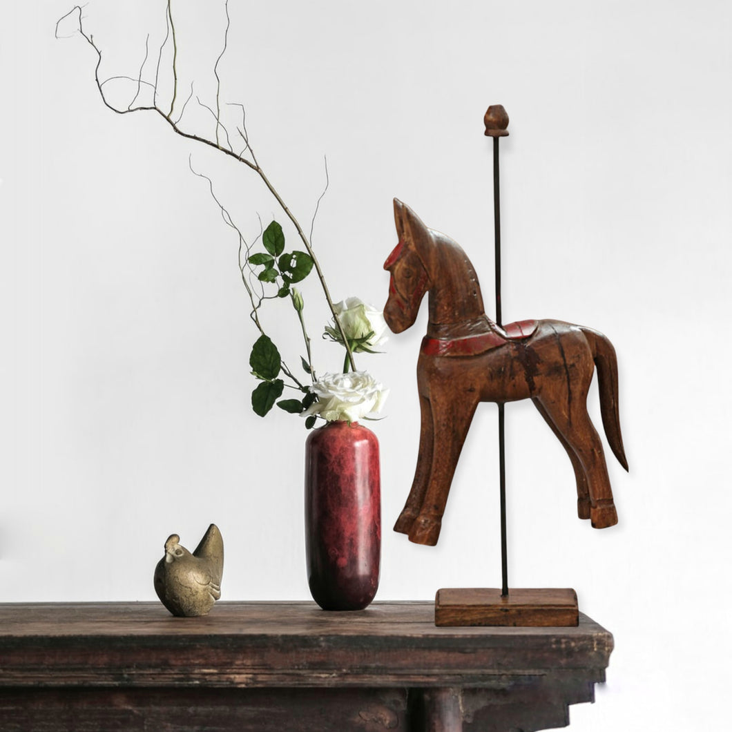 Wooden Horse Sculpture On Base, Ethnic Home Decor, Wooden Anniversary Gift For Horse Lover
