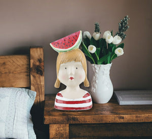 Summer Watermelon Girl Decor, Ceramic Bust Statue, Modern Pottery Art For Home