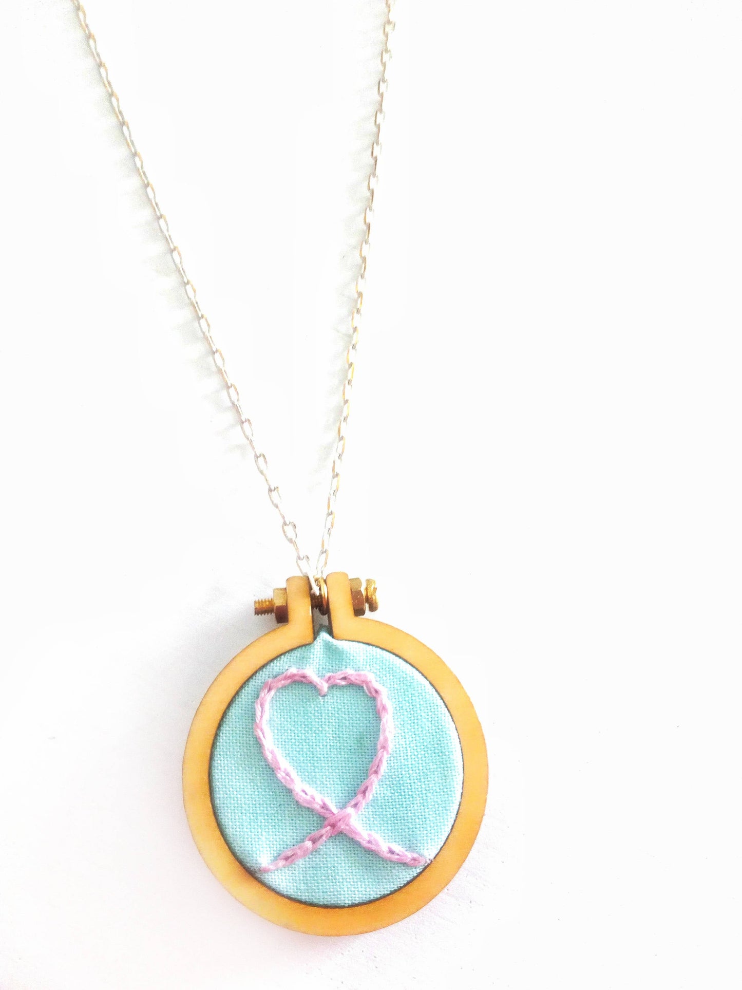 Pink Heart Charm Necklace, Miniature Embroidery Hoop Pendant