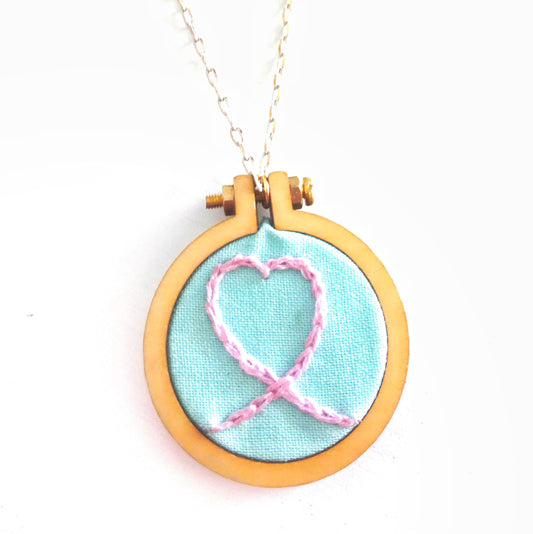 Pink Heart Charm Necklace, Miniature Embroidery Hoop Pendant