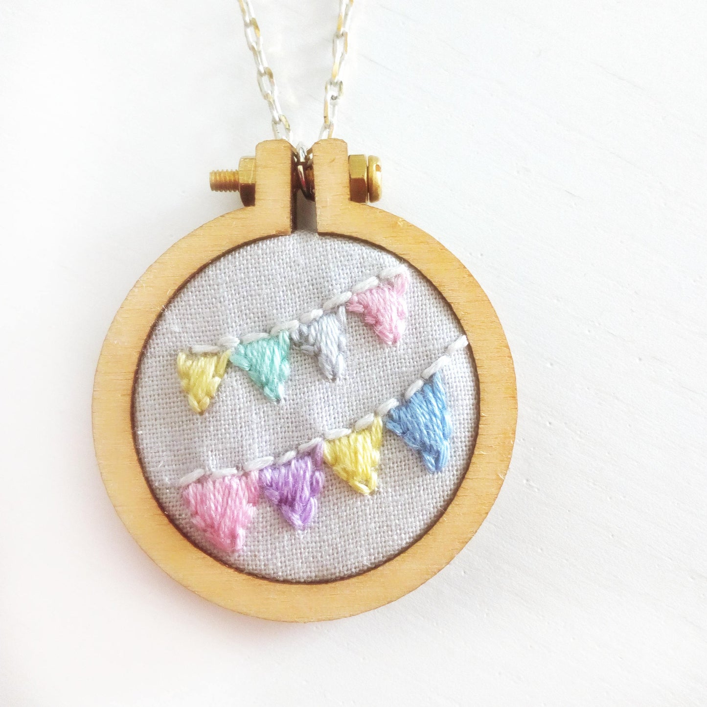 Tiny Embroidery Hoop Charm Necklace, Bunting Flags Charm