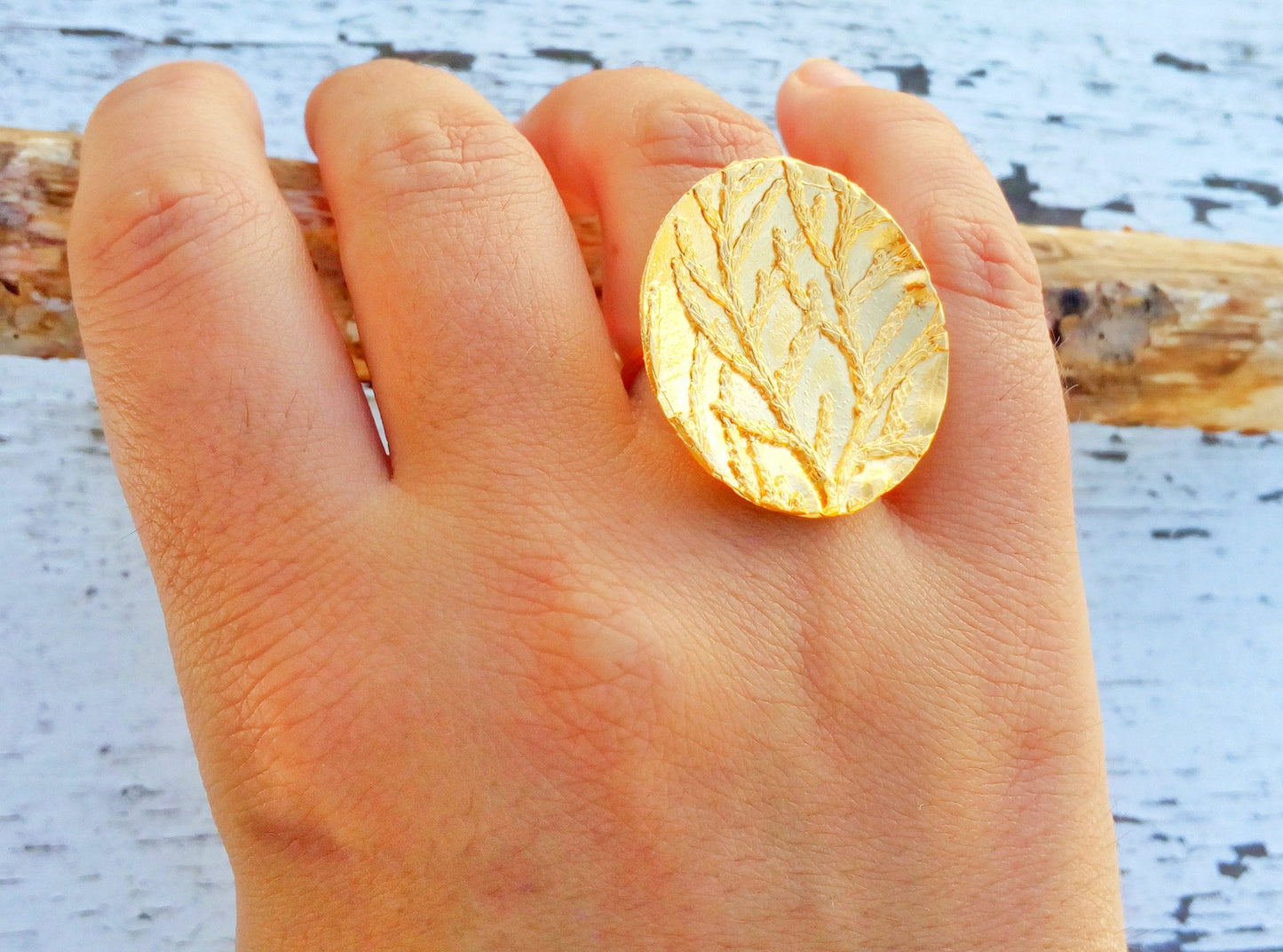 Gold Statement Ring Size 5.5, Tree Branch Ring, Disc Ring For Women