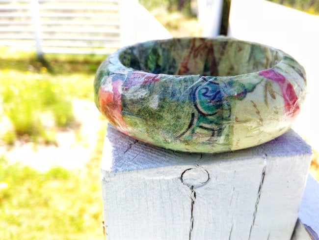 Floral Wood Bracelet, Shabby Chic Chunky Bangle With Decoupage