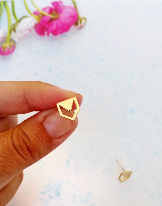 Small Geometric Earrings, Simple Gold Studs, Contemporary Cat Stud Earrings