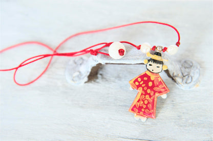 Manga Necklace, Geisha Necklace In Red Kimono, Sterling Silver Long Necklace