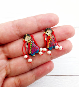 Little Indian Girl Earrings, Handpainted Sterling Silver Earrings With Enamel