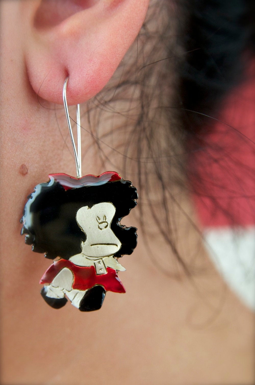 Silver Mismatched Earrings, Girl In Red Long Earring And Bow Stud
