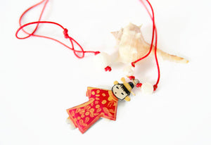 Manga Necklace, Geisha Necklace In Red Kimono, Sterling Silver Long Necklace