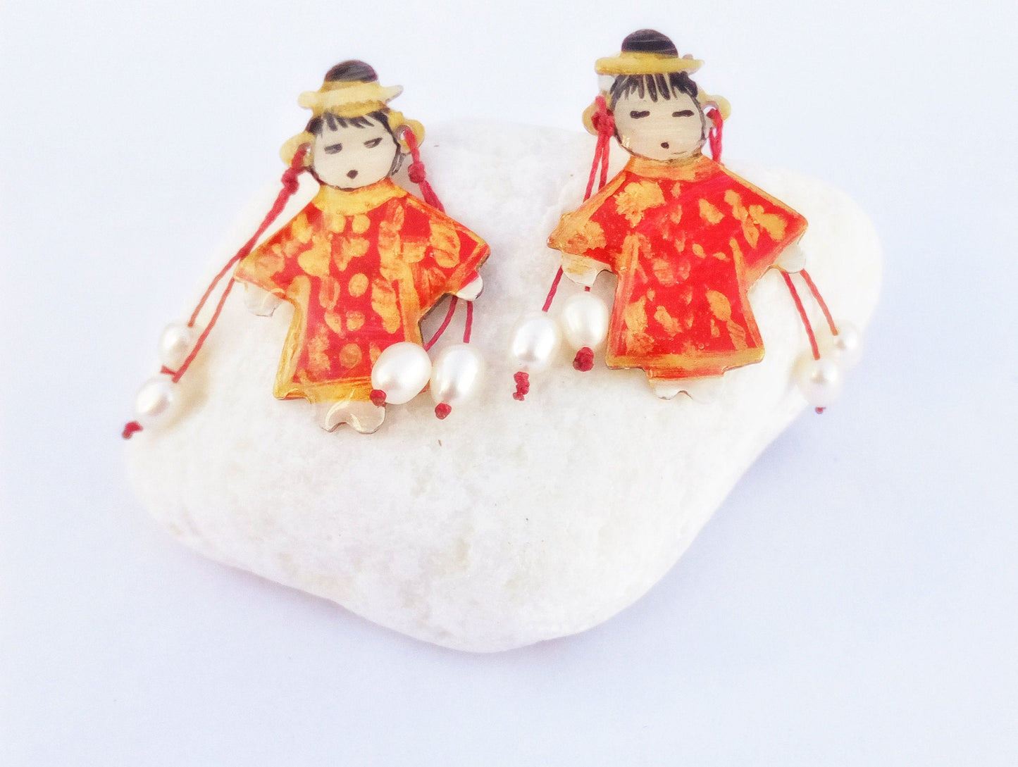 ΄Sterling Silver Cute Stud Earrings, Japanese Kimono Doll Earrings