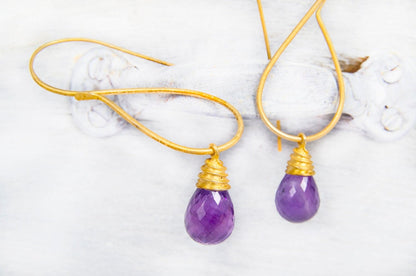 Violet Earrings, Long Gold Amethyst Earrings, 22k Gold Plated Silver Earrings