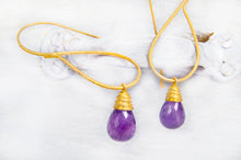 Load image into Gallery viewer, Violet Earrings, Long Gold Amethyst Earrings, 22k Gold Plated Silver Earrings
