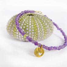 Load image into Gallery viewer, Thin Gold Bracelet, 14k Solid Gold Heart In Amethyst Beaded Bracelet
