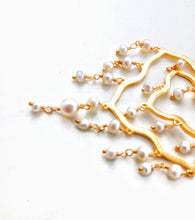 Load image into Gallery viewer, Gold Chandelier Earrings, 22k Gold Plated Brushed Silver Pearl Earrings
