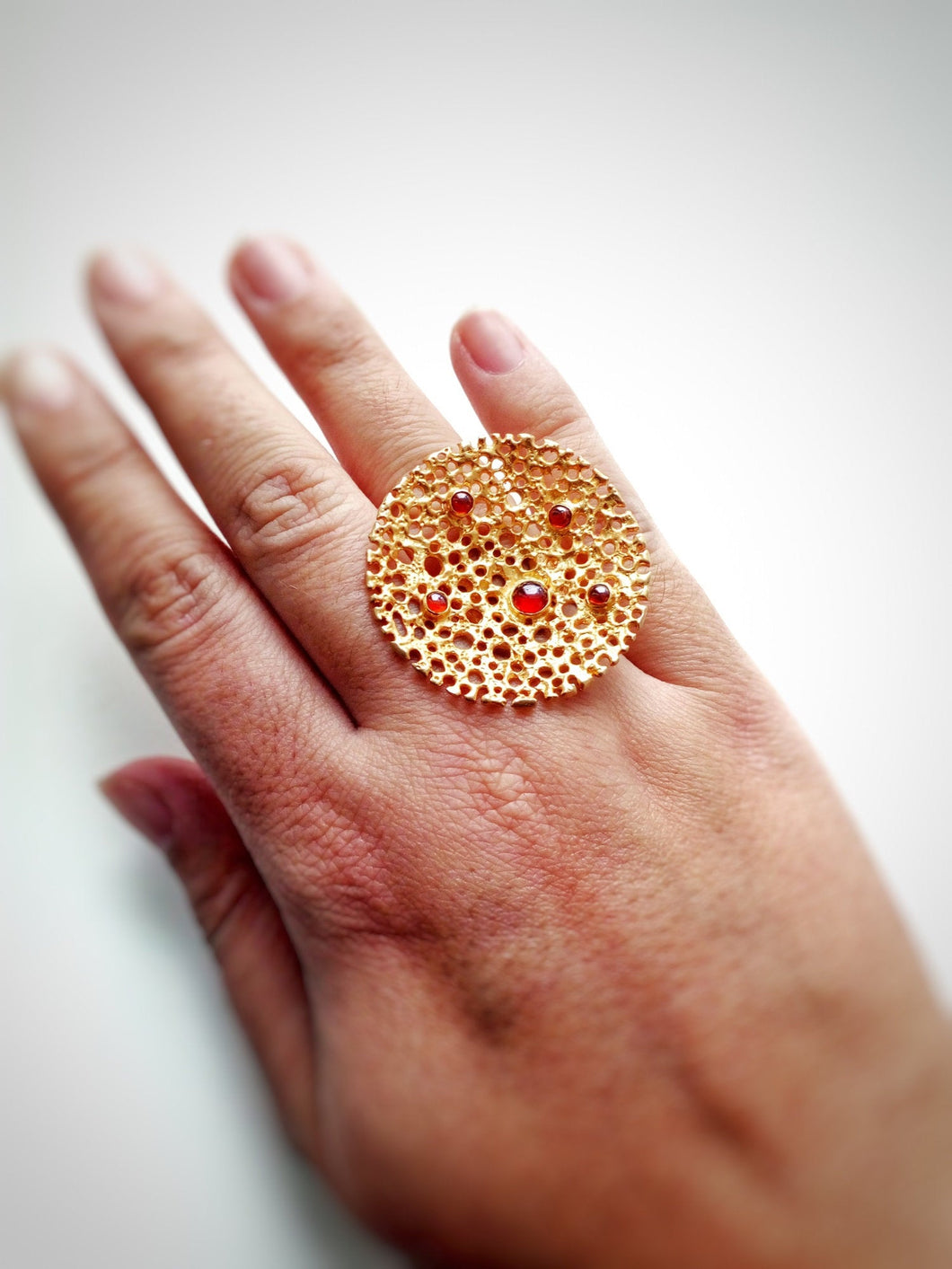 Statement Bubble Ring Size 8 1/2, Carnelian Ring, 18k Gold Plated Silver Ring