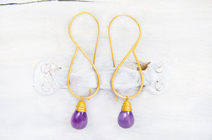 Violet Earrings, Long Gold Amethyst Earrings, 22k Gold Plated Silver Earrings