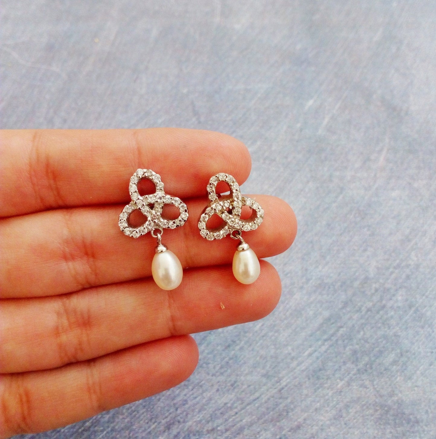 Silver Bridal Pearl Drops, Fine Silver Cz Earrings
