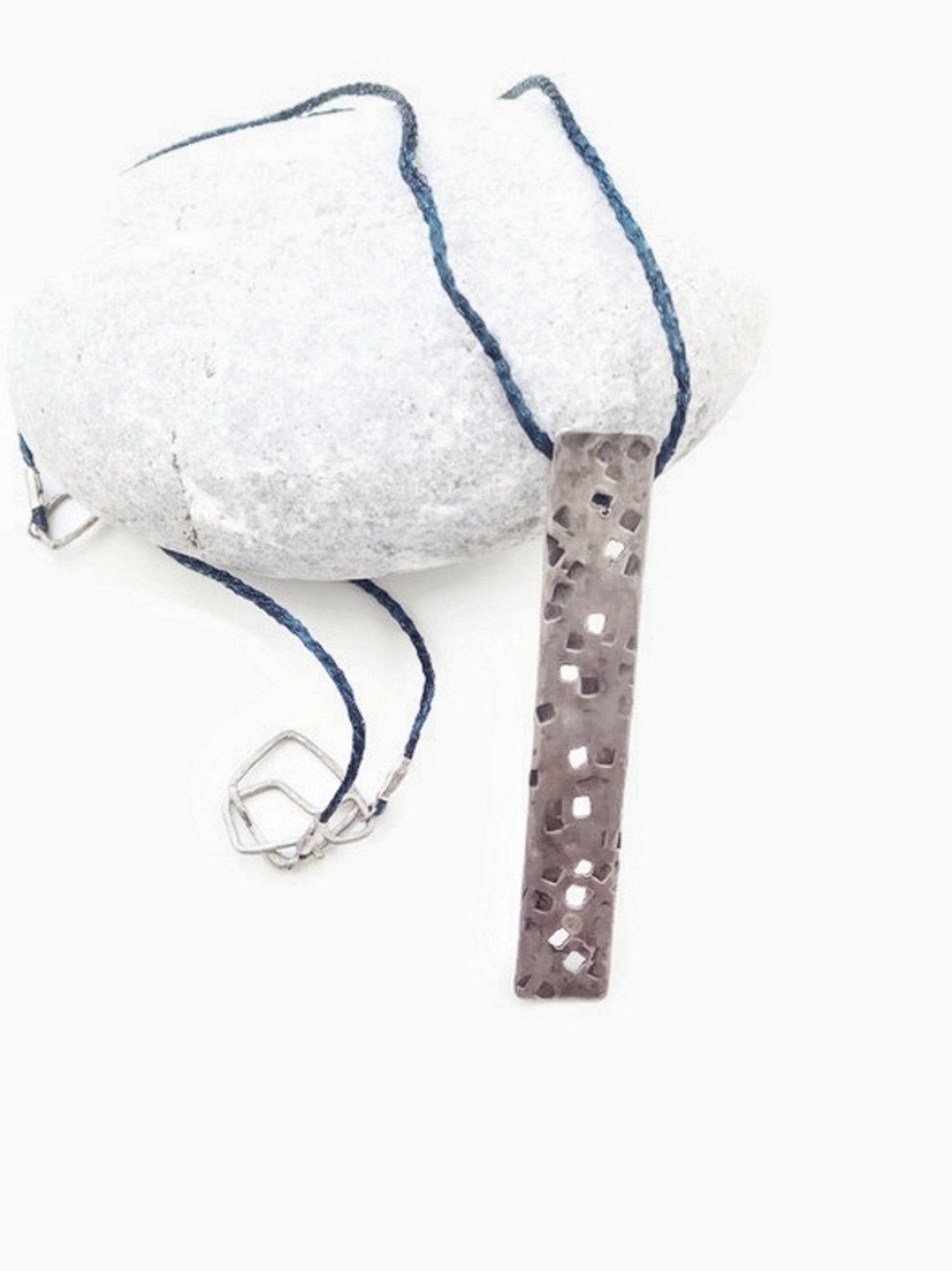 Silver Vertical Bar Necklace, Simple Everyday Blue Silk Cord Necklace