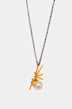 Load image into Gallery viewer, 14k Gold Single Pearl Necklace With Fairy In Oxidized Long Layered Silver Chain, Newborn Gift From Godmother
