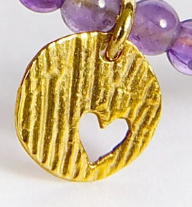 Thin Gold Bracelet, 14k Solid Gold Heart In Amethyst Beaded Bracelet